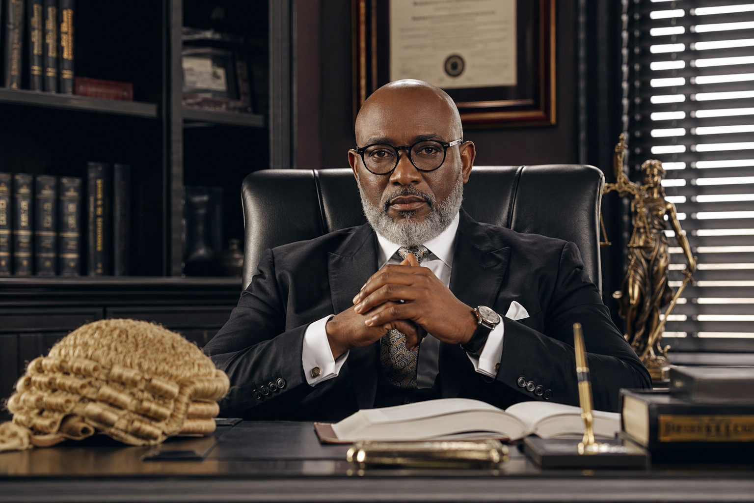 A Ghanaian jurist seated at chambers with wig, Lady Justice and leather-bound volumes